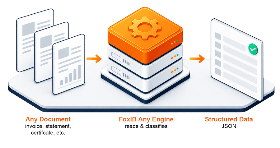 Documents pass through the FoxID Any engine and come out as structured data